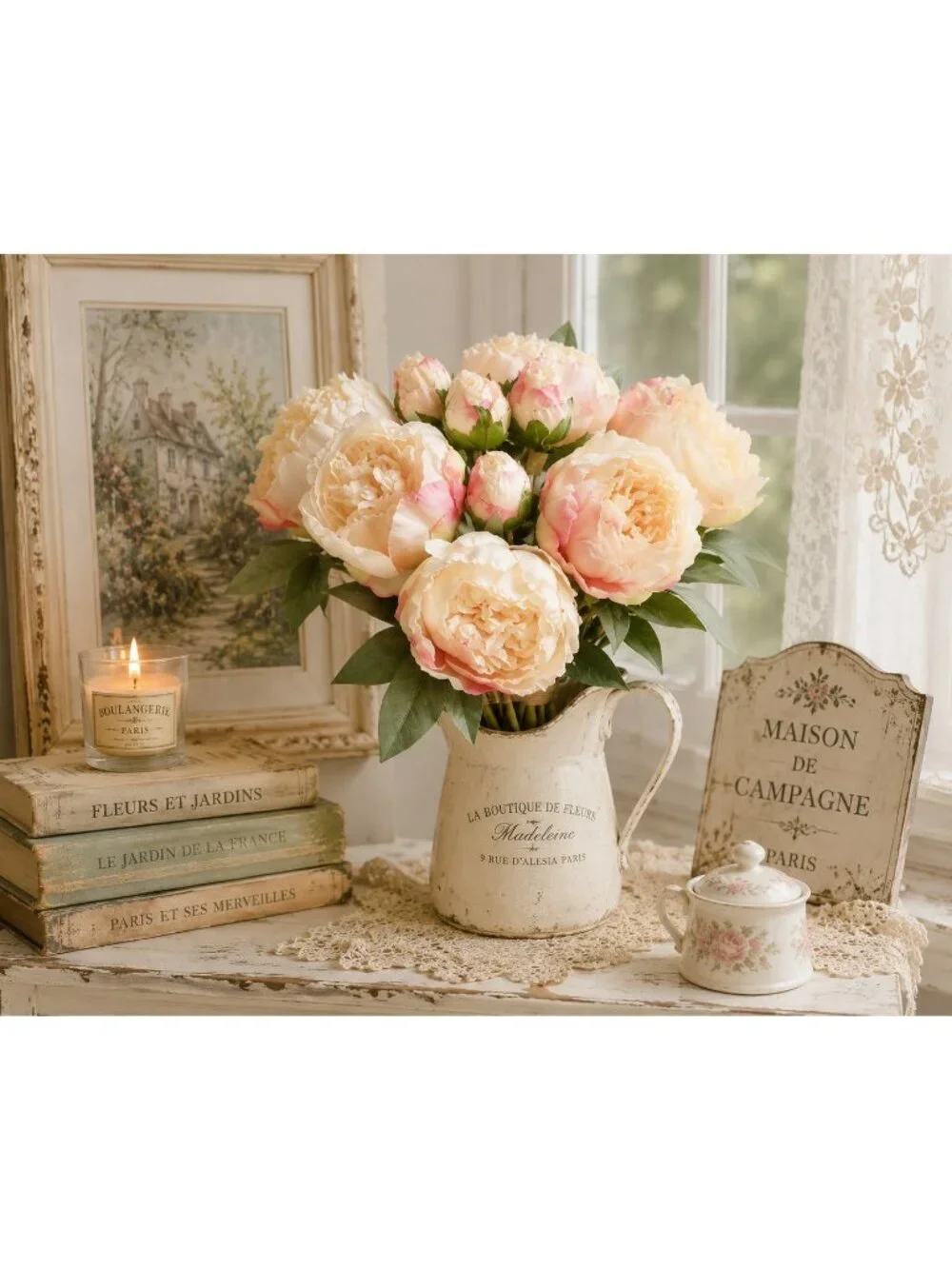 Faux Peony Bouquet Cream Pink Artificial Flowers Cottagecore Decor French Cottag